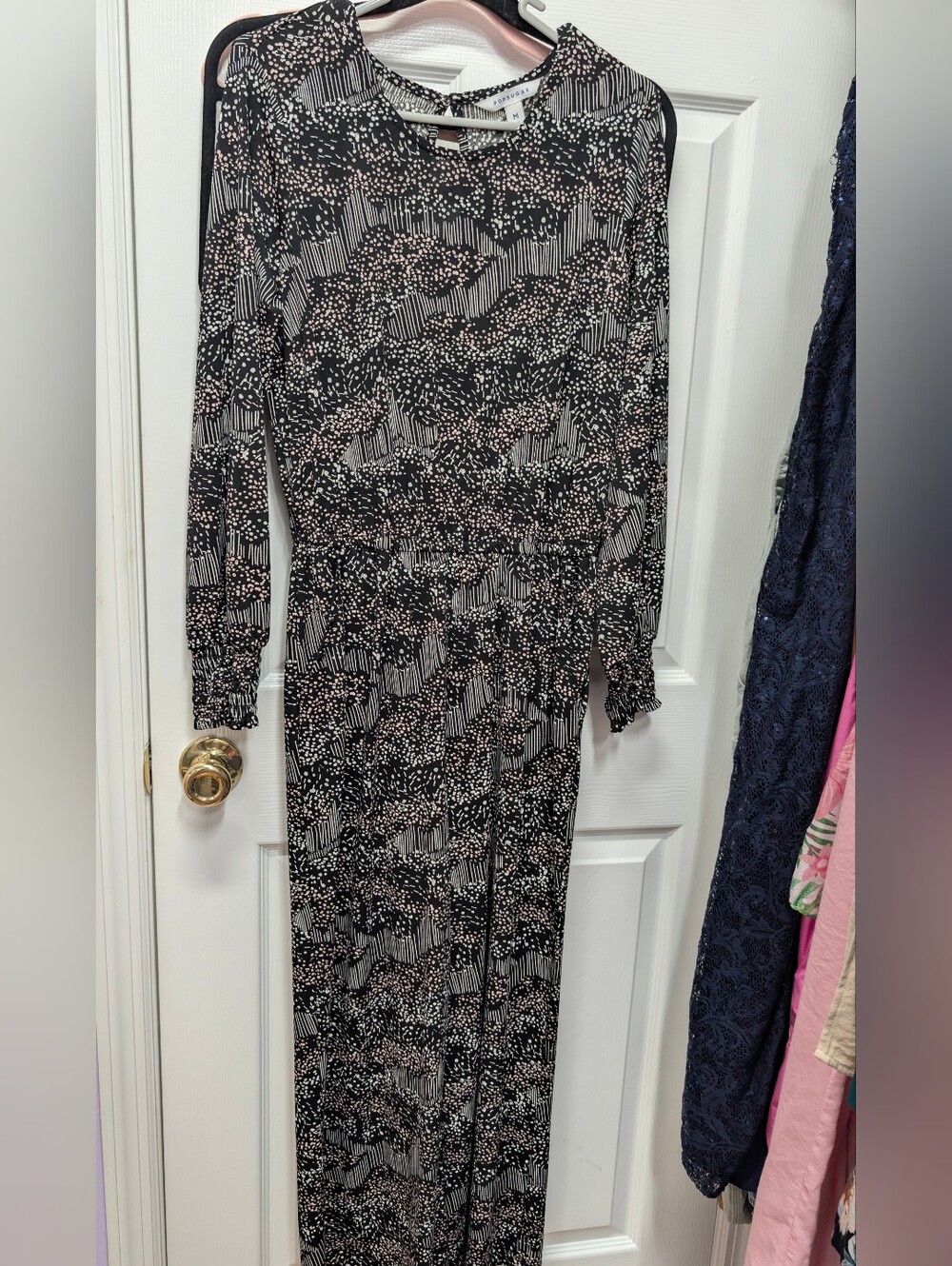POPSUGAR Black and Blush Printed Long-Sleeve Jumpsuit